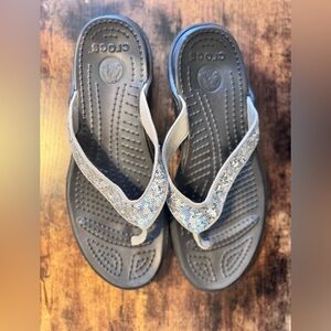 Crocs Silver sequin thong sandals size 10